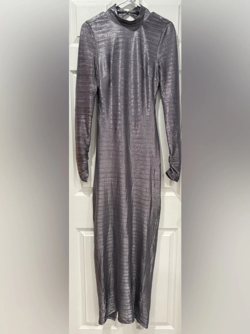 NWT Free People Metallic Silver Long Sleeve Open Back Evening Gown - Picture 8 of 10